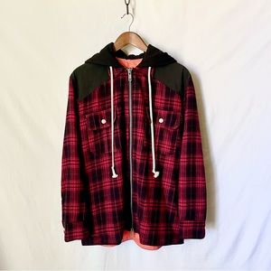 Daniel Patrick Flannel Full-Zip Hoodie Bomber Jacket Coat in Red & Black Plaid